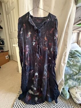 Ruffled V-Neck Long Floral Tunic Dress - Navy Multi
